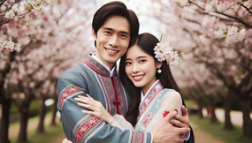 粉色樱花林相拥的情侣图片